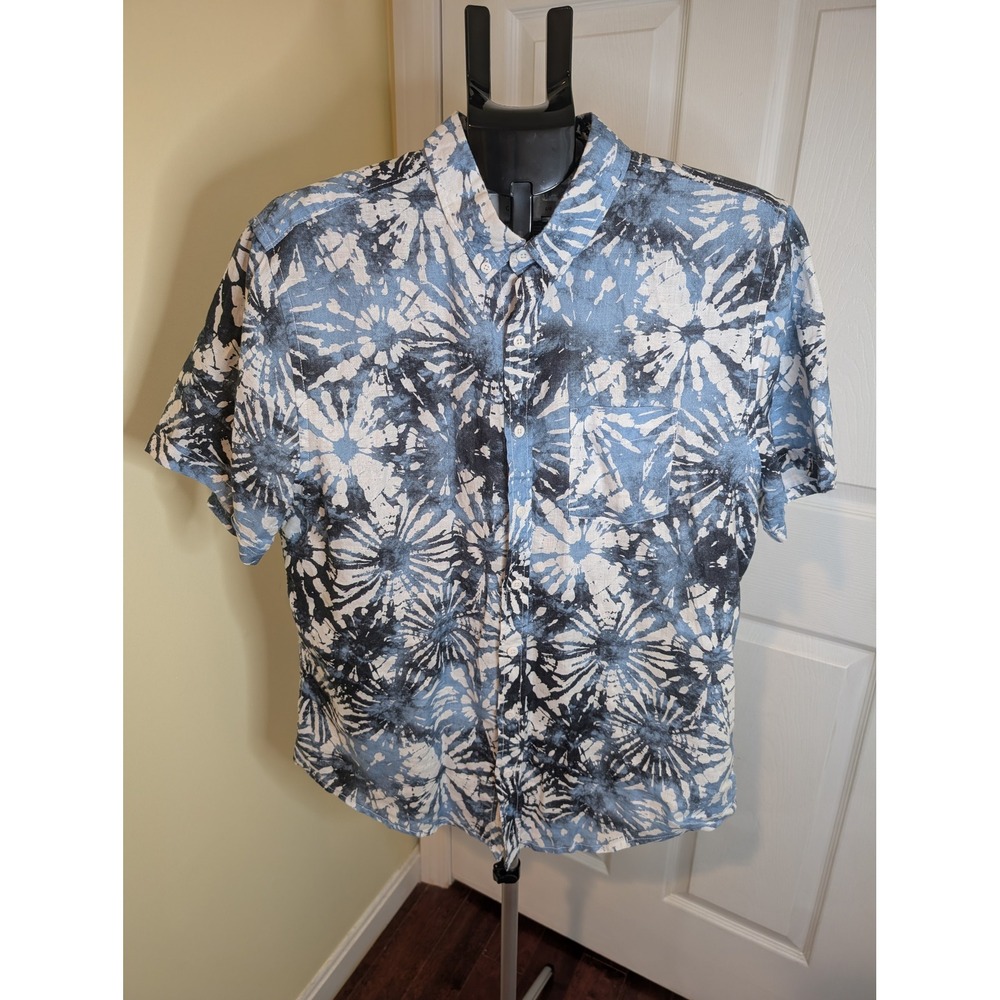 Onia Linen Button Down Mens Large Blue Tie Dye Sunburst Short Sleeve Shirt
